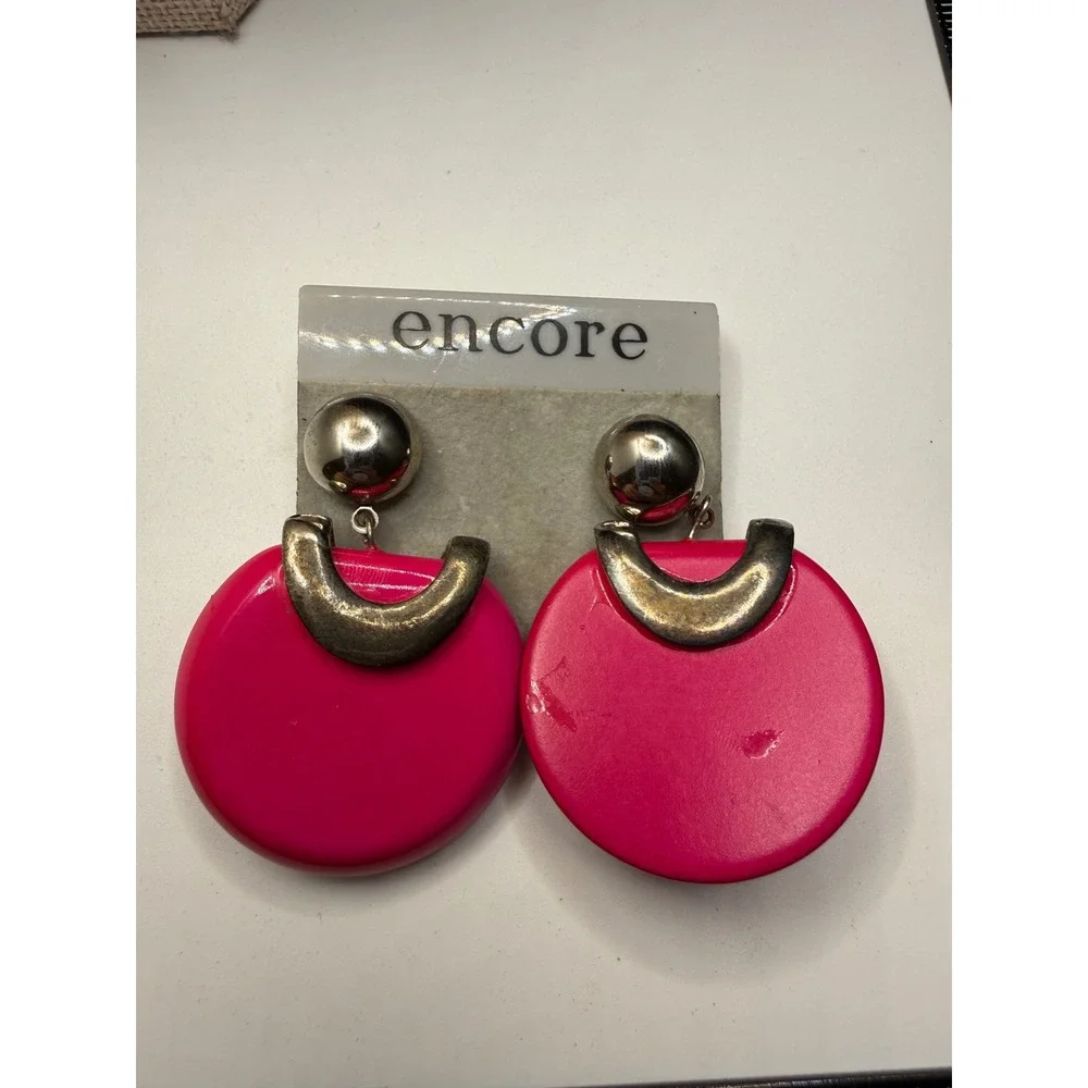Vintage Encore Hot Pink Geometric Drop Earrings 80s Silver Tone Post Statement